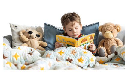 Boy reading a storybook in bed isolated on a transparent background, PNG