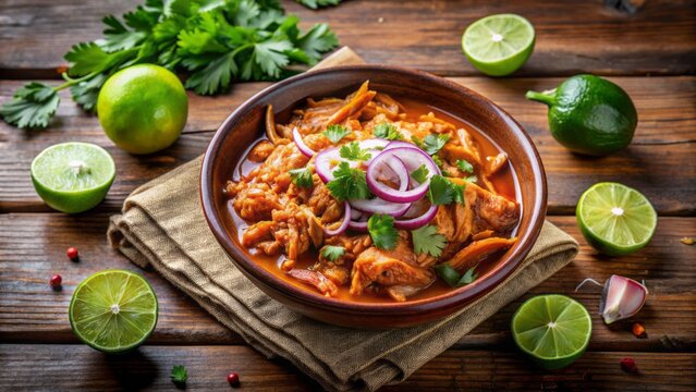 Hearty chicken tinga dish served in a vibrant ceramic bowl, garnished with fresh cilantro, onion, and lime, on a distressed wooden table with ample copy space.