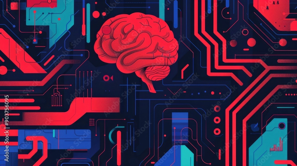 Poster futuristic depicting an abstract brain like intelligence system with intricate neural network patter