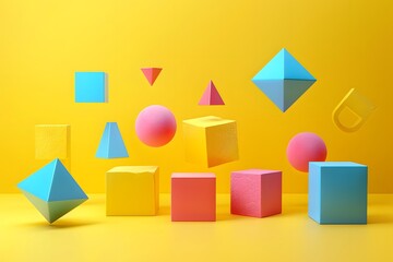 Vibrant 3D Geometric Shapes on a Bright Yellow Background