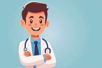 Obraz premium Smiling male doctor on a light blue background representing medical professionalism and healthcare