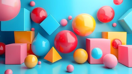 Vibrant 3D Composition of Colorful Geometric Shapes and Spheres