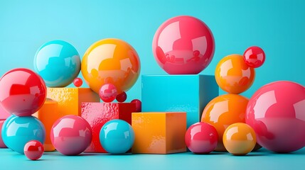 Vibrant 3D Composition of Colorful Spheres and Cubes on a Bright Background