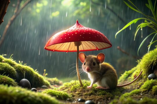Adorable cartoon mouse takes cover beneath a vibrant red-caped mushroom in a misty rainforest, seeking refuge from the torrential downpour surrounding it.
