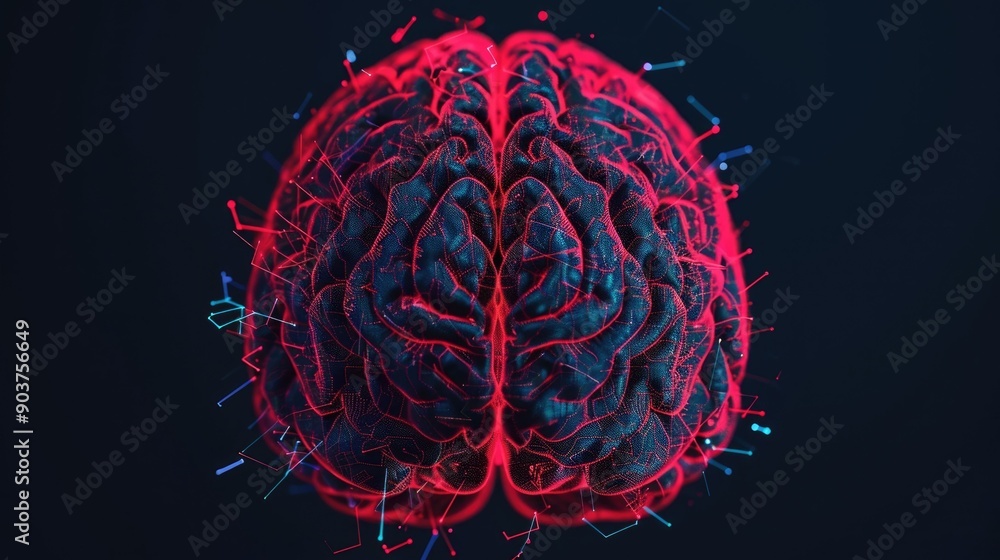 Poster of a futuristic brain technology concept with glowing nodes and interconnected lines representing th