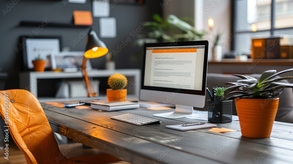 Poster modern office workspace with a computer, keyboard, and desk lamp.