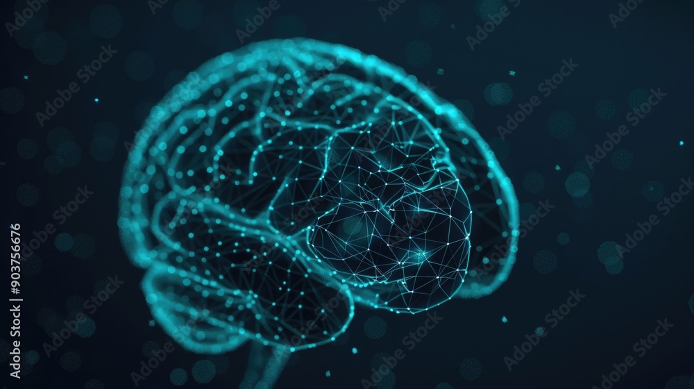 Poster futuristic of a brain inspired technology with glowing nodes and interconnected lines representing t