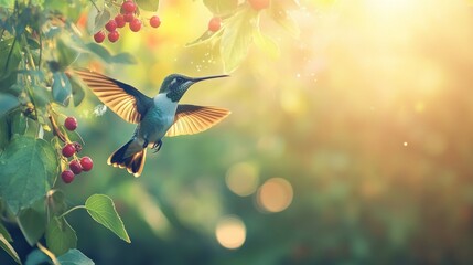 Fototapeta premium A Vibrant Hummingbird in Flight, Bathed in Golden Sunlight