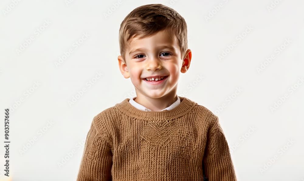 Sticker smiling little boy in a brown sweater on a white background.