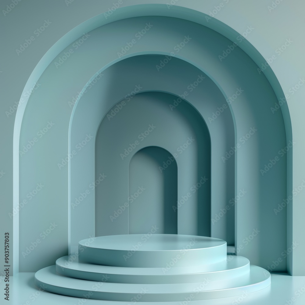 Poster abstract minimal blue archway background with a platform for showcasing products.