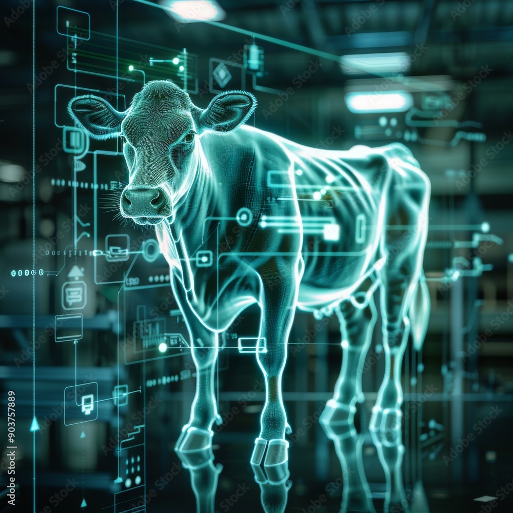 Aufkleber a futuristic view of a cow rendered in a digital display with glowing lines.