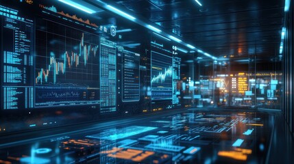 Futuristic Digital Interface with Data and Charts Displayed on Multiple Screens