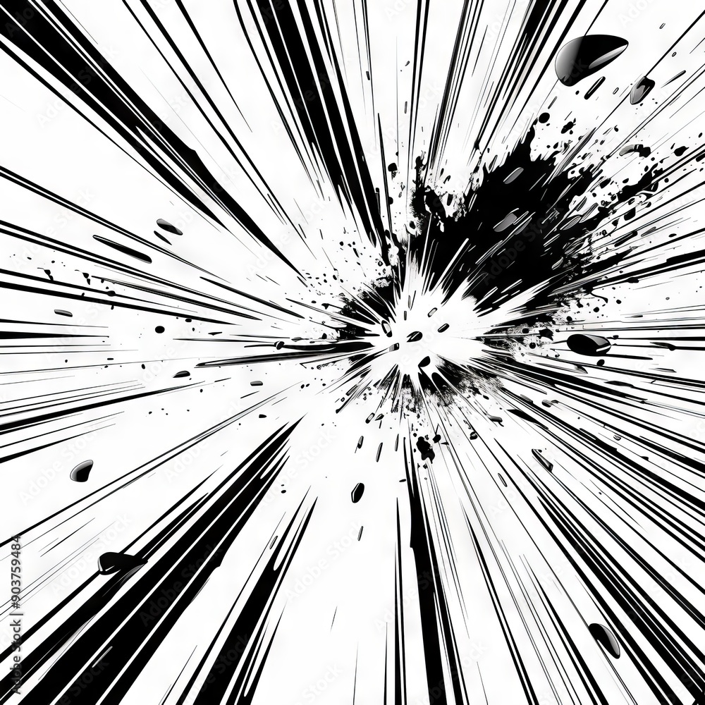 Poster dynamic black and white abstract explosion effect, with sharp lines radiating outward in a striking 