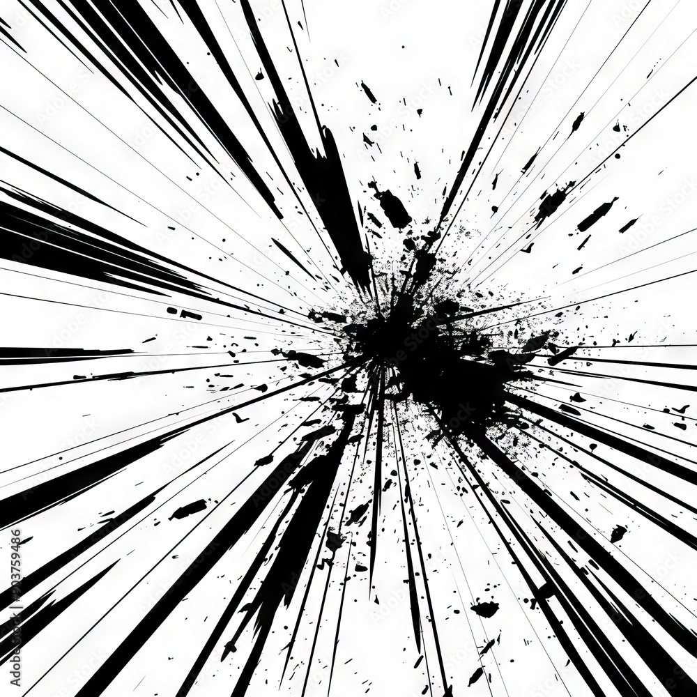 Poster dynamic black and white explosion graphic with sharp lines and scattered debris, conveying energy an
