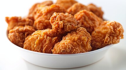 Golden brown fried chicken nuggets are piled high in a white bowl, offering a tempting and savory treat