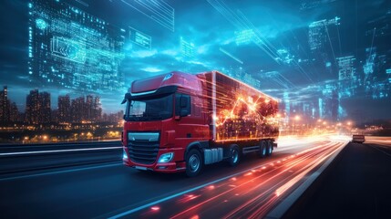 Red Semi-Truck with Digital Overlay Driving on Highway at Night