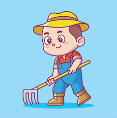 cute farmer holding fork planting fruit vegetables kawaii chibi character mascot illustration outline style design set