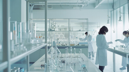 Scientists working diligently in a modern laboratory equipped with glassware and scientific instruments, highlighting a sterile and professional environment.