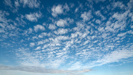 Fototapeta premium Sun shining through the puffy clouds. Sky view. Beautiful sunny sky. Background with clouds on blue sky. Clouds on blue sky.