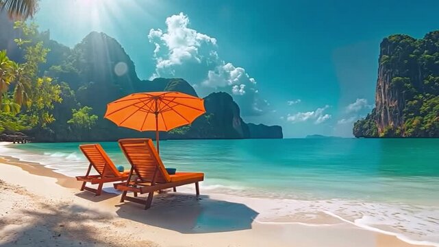 Travel tourism broad panorama background concept with seats and umbrella 