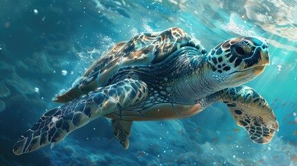Fototapeta premium Sea turtle swimming underwater. This photo is perfect for websites or brochures about marine life.