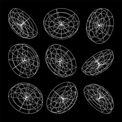 Wireframe lined shapes. Perspective mesh, 3d grid. Low poly geometric elements. Retro futuristic design elements, y2k, vaporwave and synthwave style. Vector illustration