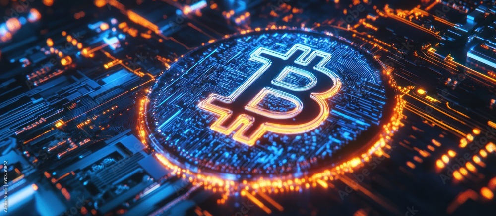 Poster illuminated bitcoin symbol on circuit board