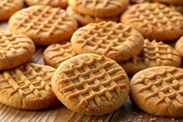 Warmly lit, freshly baked classic peanut butter cookies with golden-brown edges, crisscross pattern, and soft, chewy centers, evoking a sense of comfort and nostalgia.