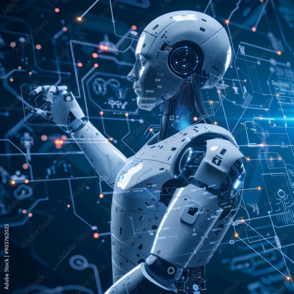 Poster a futuristic humanoid robot stands amidst a network of digital data, showcasing advanced technology 