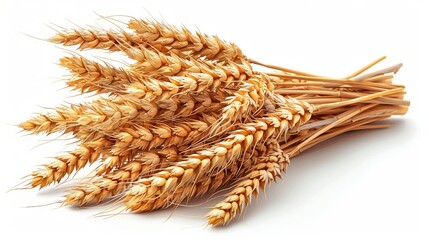 Ripe wheat bunch on white background symbolizes harvest season and agriculture, perfect for farming, healthy eating concepts