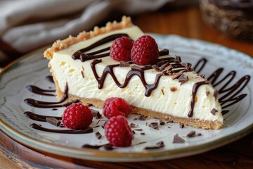 A slice of cheesecake with chocolate and raspberries. Perfect for use in recipes, articles, or food blogs about desserts.