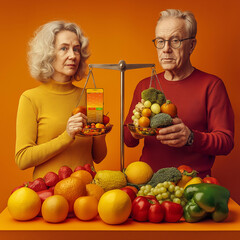 Obraz premium Smartphone with fitness tracker app next to healthy food options like fruits and vegetables, symbolizing the influence of digital technology on health and wellness decisions.