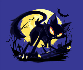 Spooky Halloween violet poster with grave, pumpkin and black cat. Vector illustration.