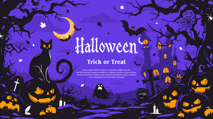Halloween violet background with black cat, pumpkin, bats, cemetery and castle. Vector illustration.