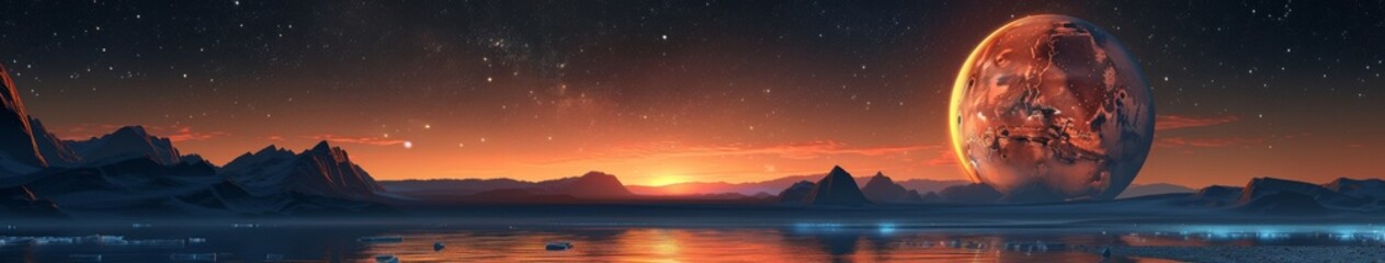 Mars Close-Up: A Sunset and Starry Sky Landscape with Mountains and Water, an AI-Generated Cosmic Perspective.