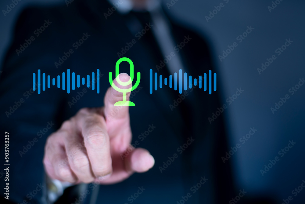 Aufkleber man touching microphone icon. use your voice to direct ai to search for information on internet. app