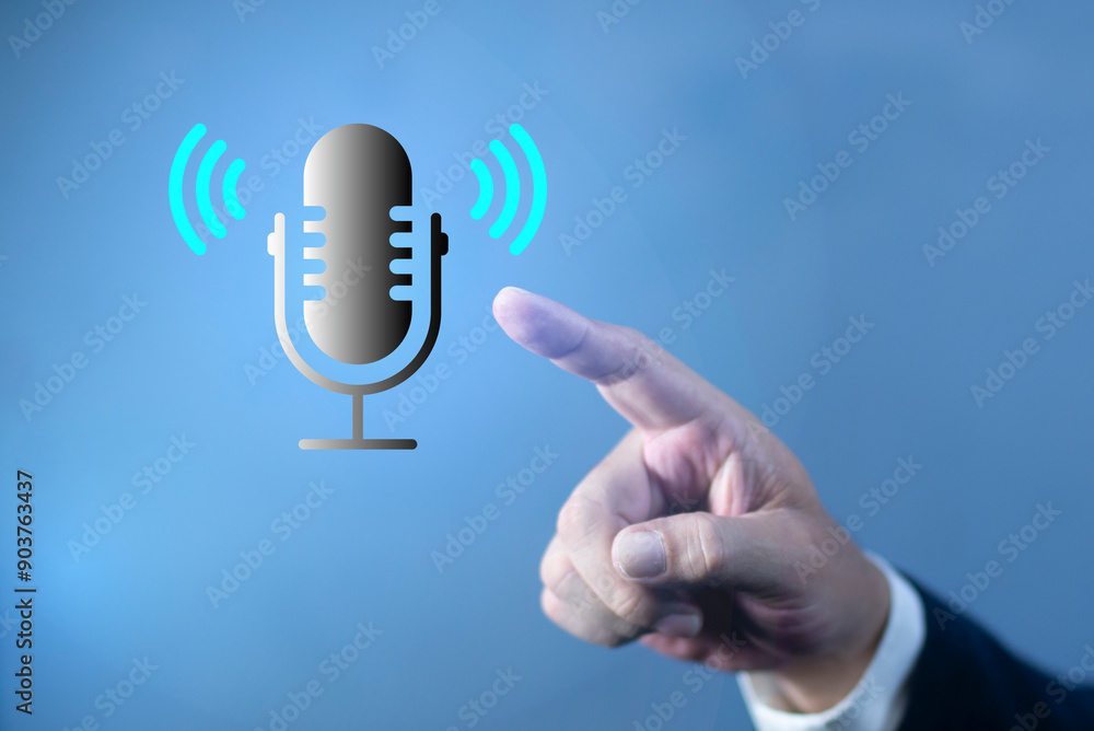Poster man touching microphone icon. personal assistant and voice recognition concept. write a message and 