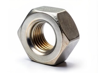 A solo metal nut with a hexagonal shape and threaded interior sits isolated on a pure white background, highlighting its textures and details.