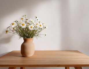Simple Beauty: Beige Clay Vase with Chamomile Flowers on Wooden Table Against White Wall