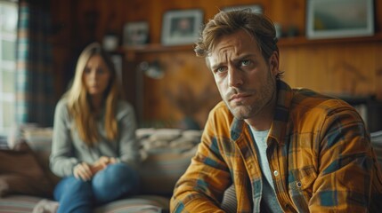 Obraz premium Sad pensive couple thinking of relationships problems sitting on sofa, conflicts in marriage.