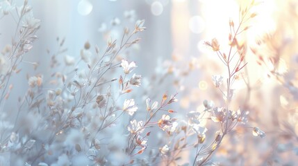 Delicate flowers softly glow in a serene campus art gallery, creating a peaceful ambiance at dusk