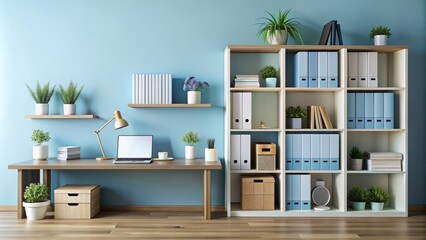 Organized modern office workspace with neatly arranged books, supplies, and ample copy space against a calming pale blue wall, perfect for corporate or product showcase.