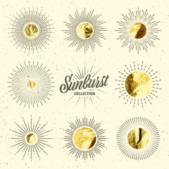 Vintage grunge sunburst sunset beams. Gold foil, shiny handmade circles. Golden glittering texture, pattern. Hand drawn bursting sun, light rays. Logotype, lettering, retro style. Vector illustration