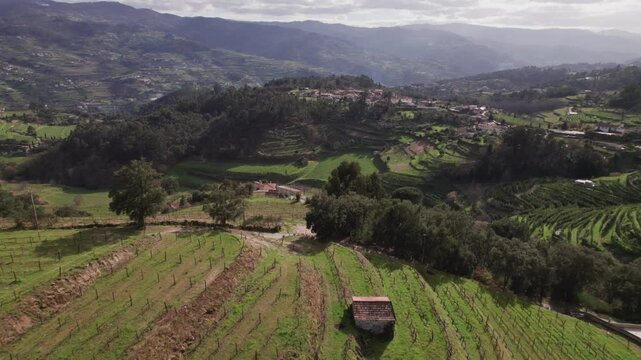 Drone rapidly approaching a small farm on a hillside.