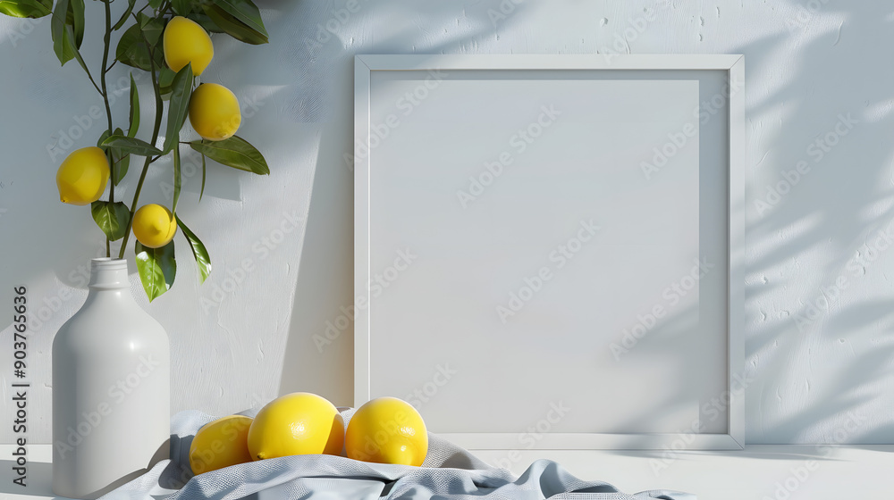 Poster a mockup of an a4 frame leaning against the wall on a table with lemons and cloth next to it in fron