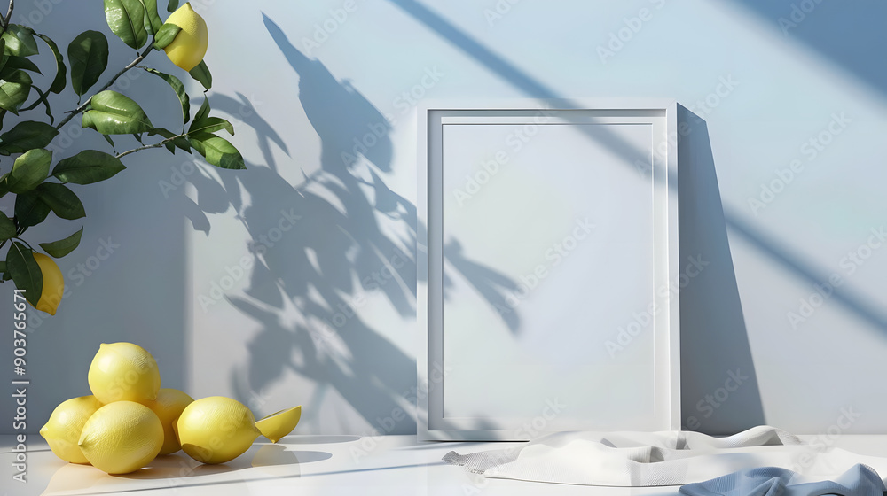Poster a mockup of an a4 frame leaning against the wall on a table with lemons and cloth next to it in fron