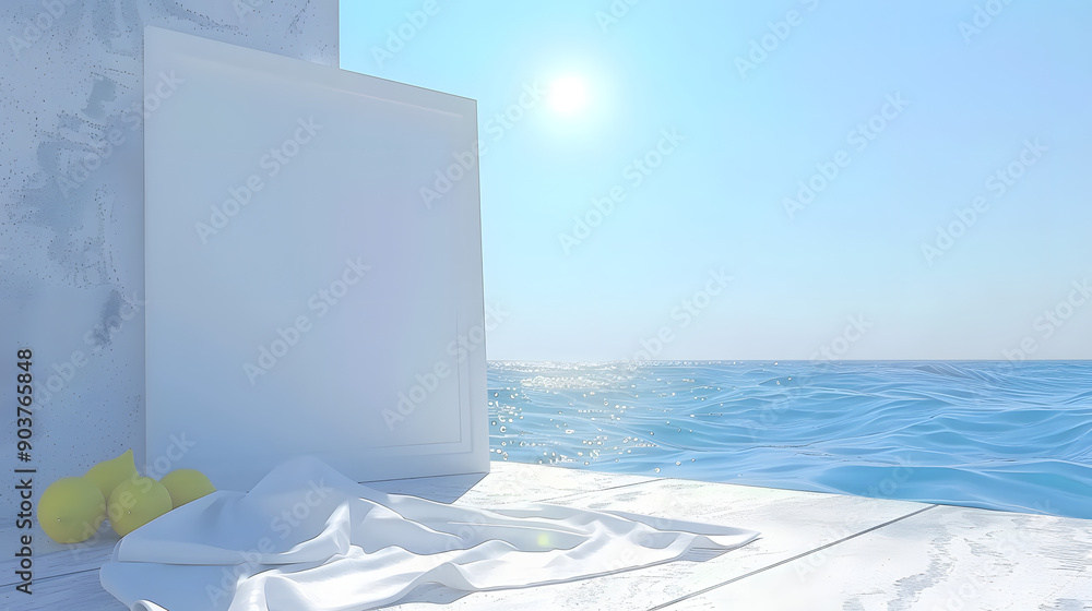 Poster a mockup of an a4 frame leaning against the wall on a table with lemons and cloth next to it in fron