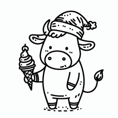 Obraz premium Cow wearing a santa hat and santa claus costumes hold a ice cream in Christmas Eve Holiday Funny Party Cute Doodle Cartoon Line Art Vector Clipart 