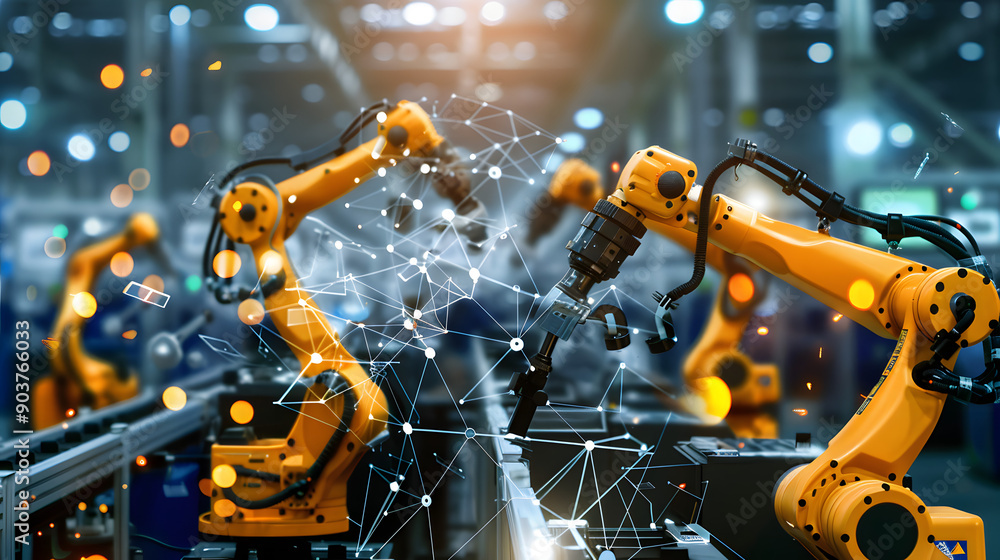 Poster a modern factory floor with workers in safety gear and high-tech machinery. surrounded by digital sc