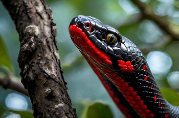 Obraz premium Close-up portrait of a beautiful red and black snake in a forest